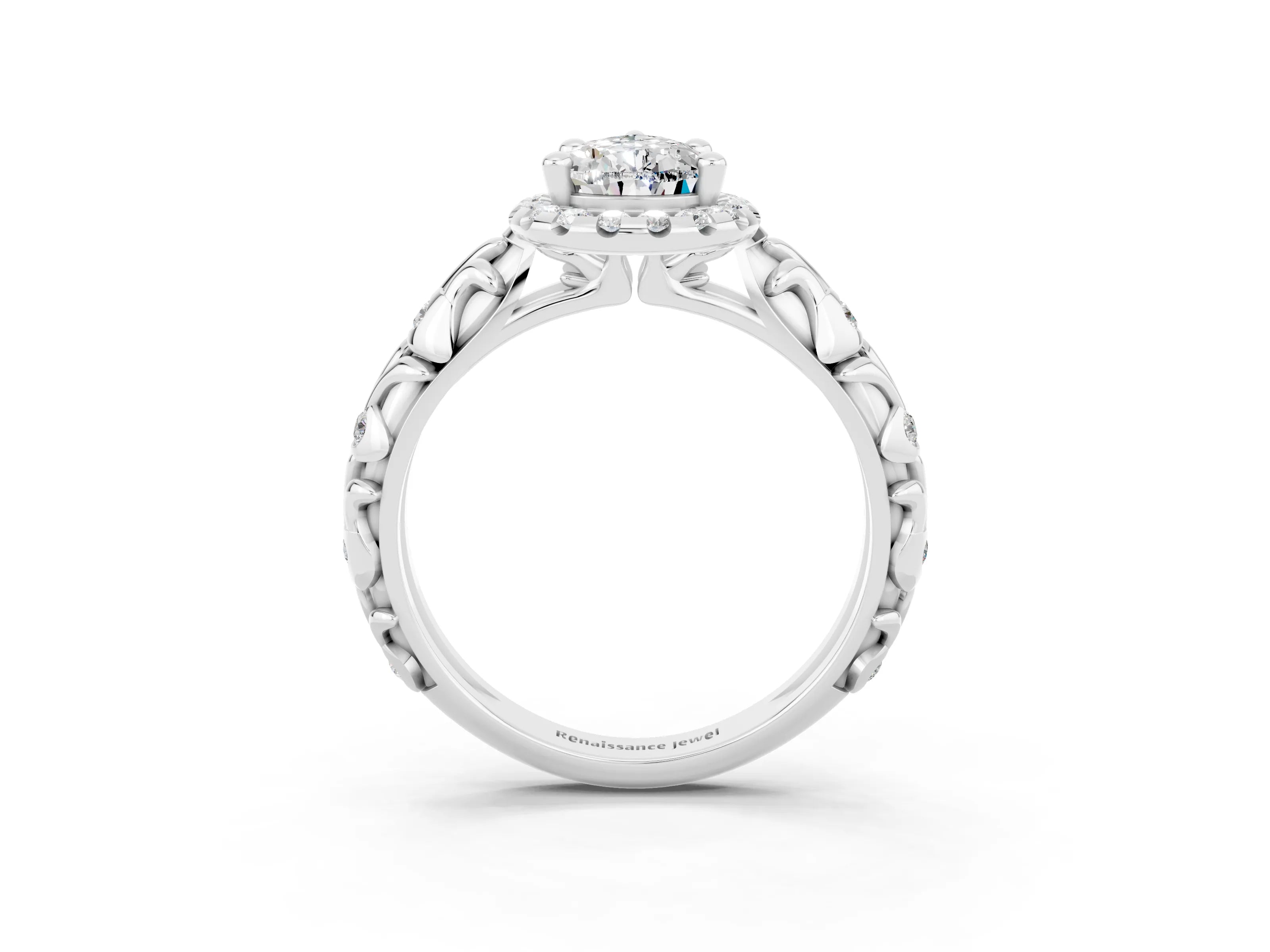 White gold Pear Cut Halo Diamond Solitaire with Filigree Band and Four-Prong Setting_3