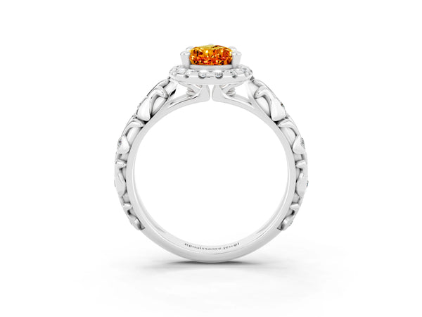 Platinum Pear Cut Citrine Halo Ring with Filigree Band and Prong Setting