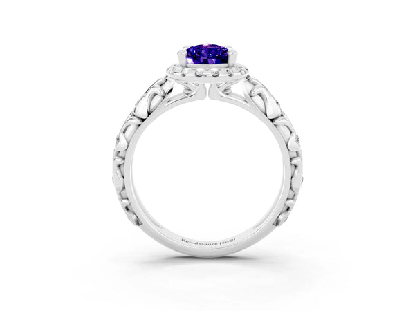 Silver Pear Cut Tanzanite Halo Ring with Filigree Band and Prong Setting