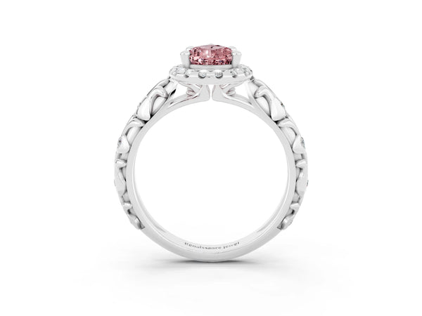 Platinum Pear Cut Halo Diamond Solitaire with Filigree Band and Four-Prong Setting
