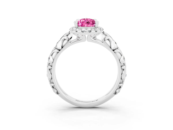 Platinum Pear Cut Pink Sapphire Halo Ring with Filigree Band and Prong Setting