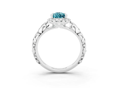 White gold Pear Cut Halo Diamond Solitaire with Filigree Band and Four-Prong Setting_3