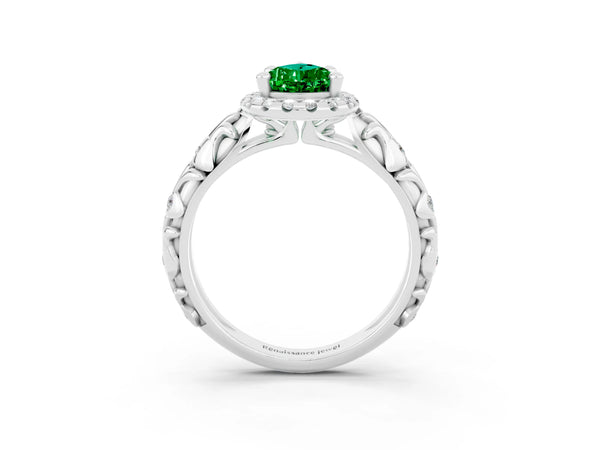 White gold Pear Cut Emerald Halo Ring with Filigree Band and Prong Setting