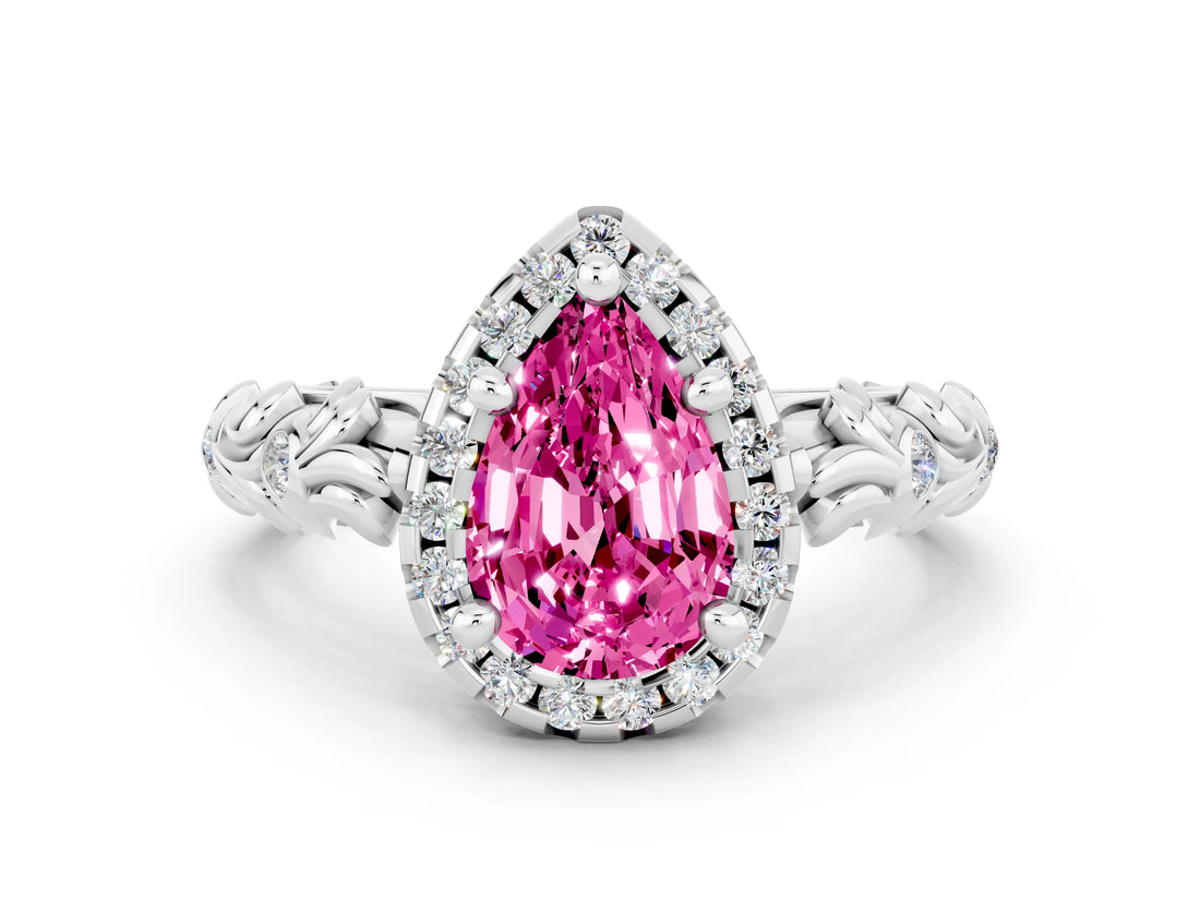 White gold Pear Cut Halo Diamond Solitaire with Filigree Band and Four-Prong Setting