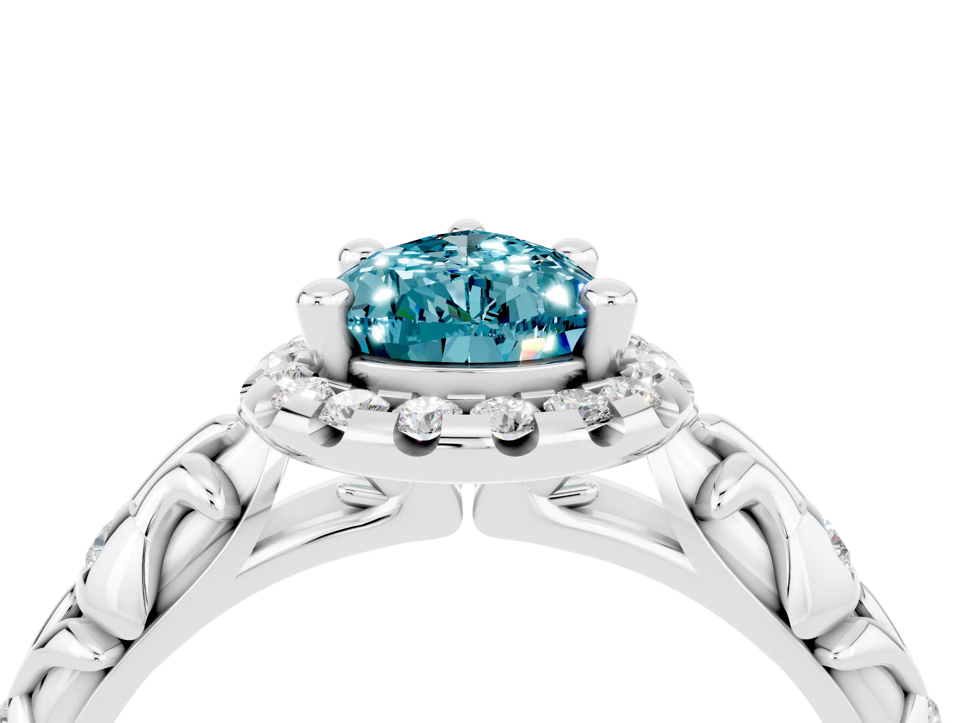 White gold Pear Cut Halo Diamond Solitaire with Filigree Band and Four-Prong Setting_4