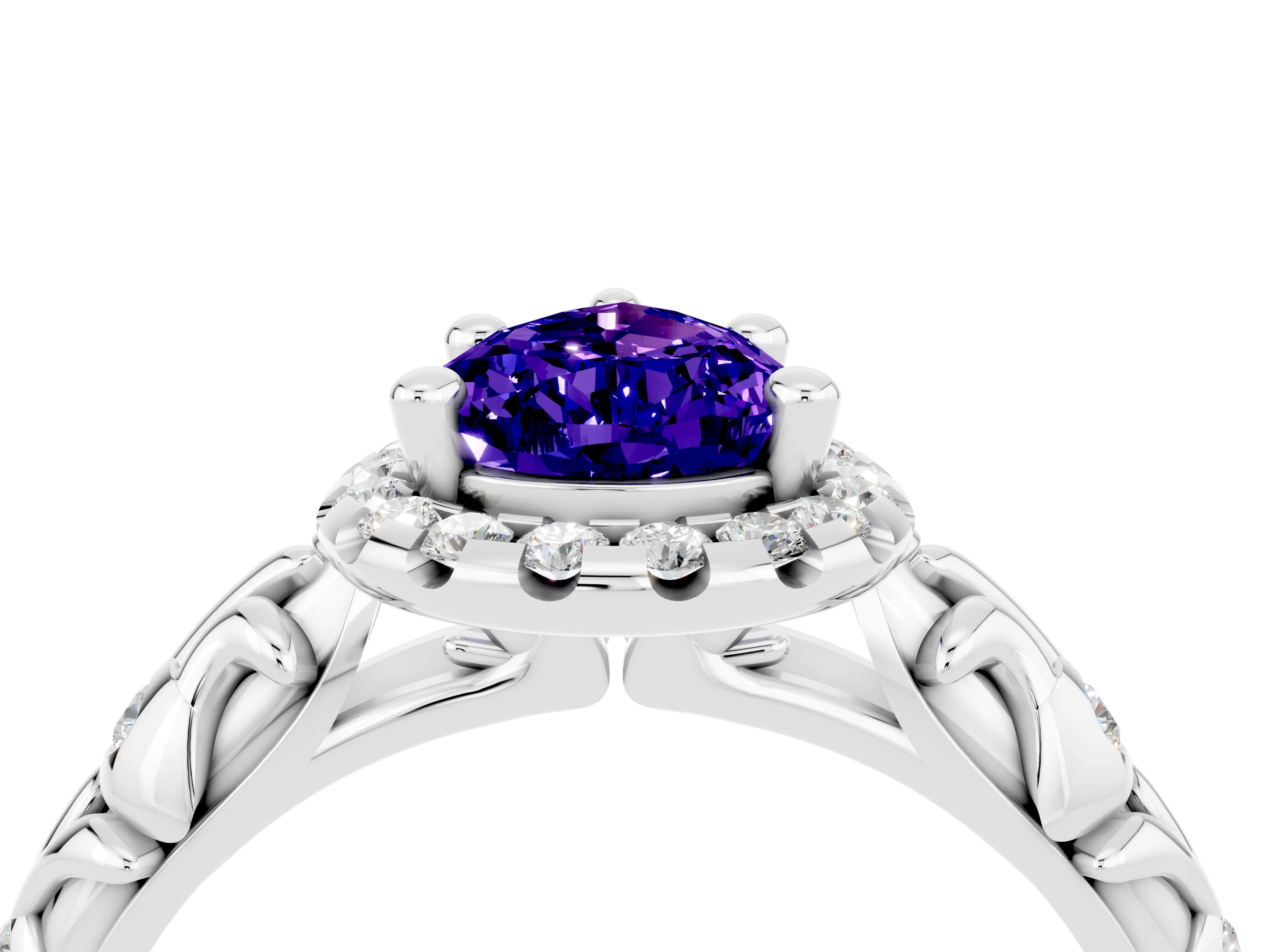 White gold Pear Cut Halo Diamond Solitaire with Filigree Band and Four-Prong Setting_4