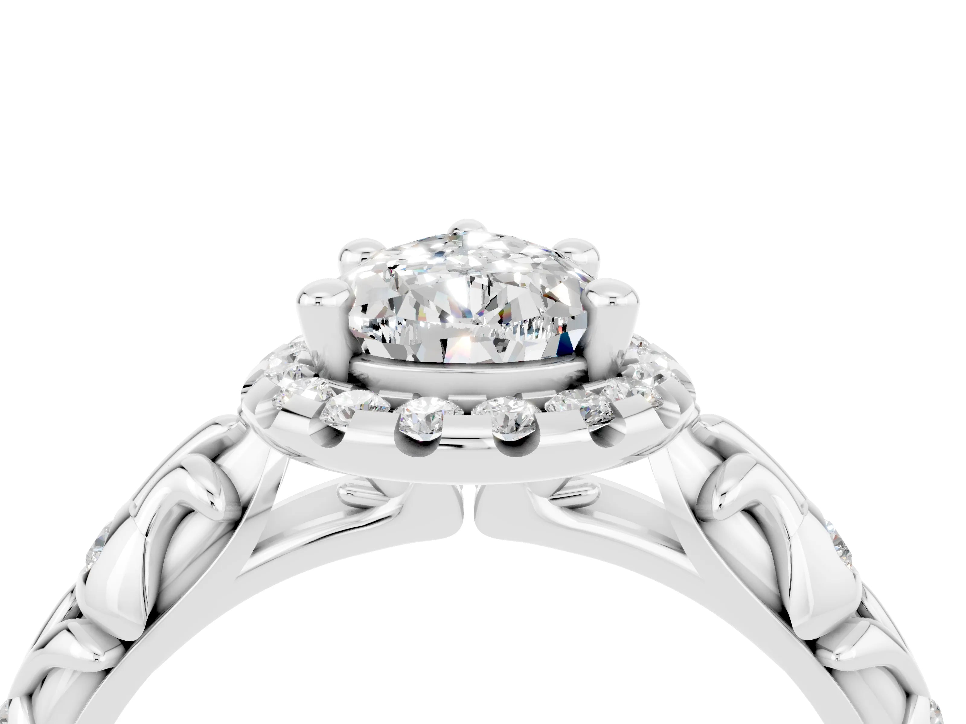 White gold Pear Cut Halo Diamond Solitaire with Filigree Band and Four-Prong Setting_4
