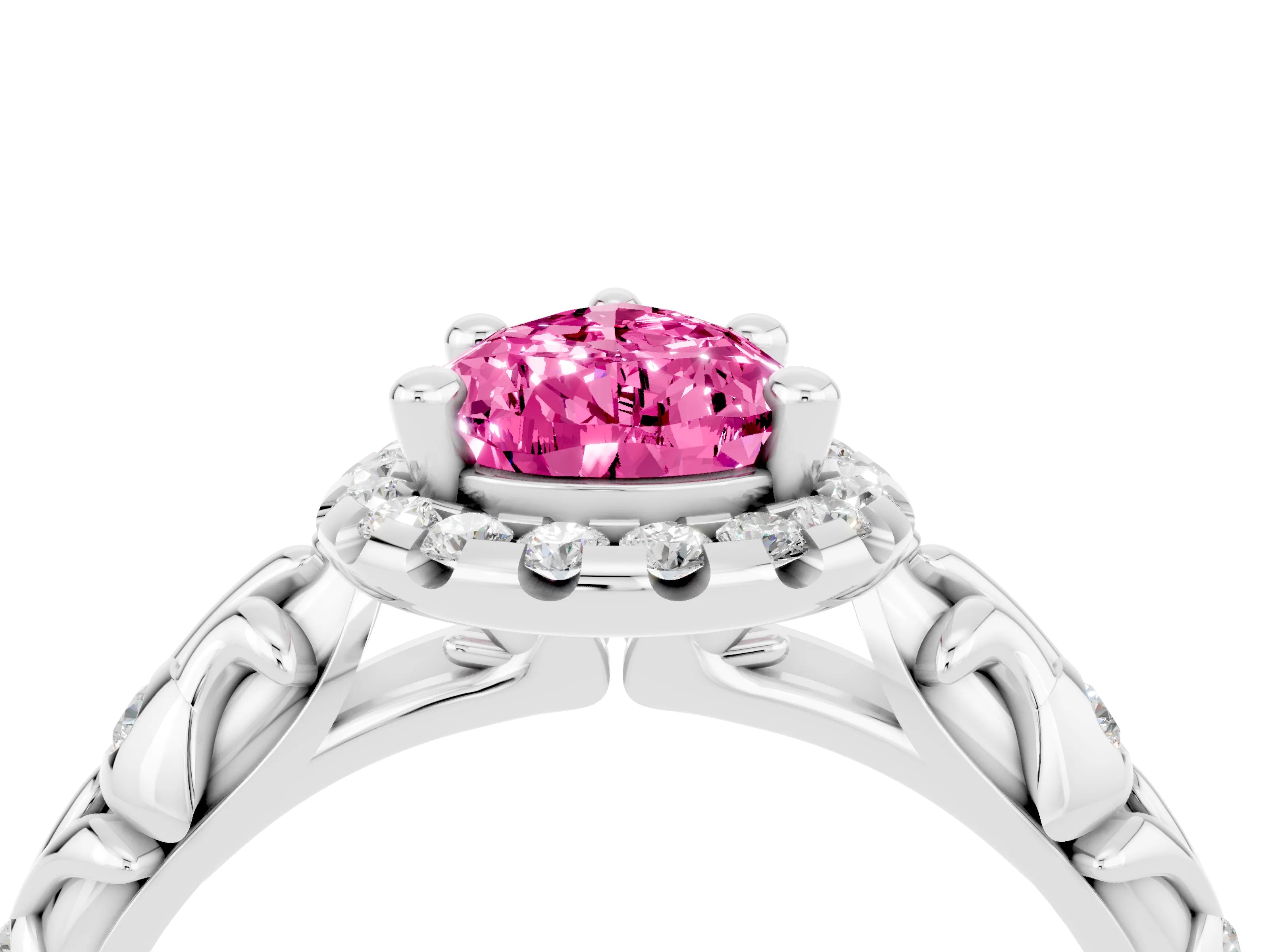 White gold Pear Cut Halo Diamond Solitaire with Filigree Band and Four-Prong Setting_4