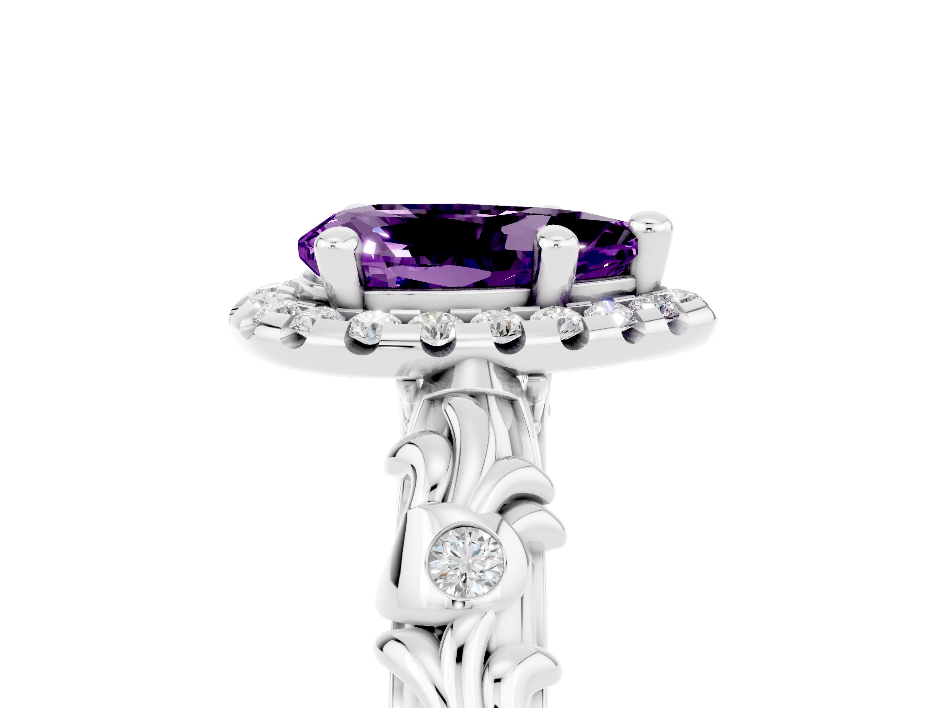 White gold Pear Cut Halo Diamond Solitaire with Filigree Band and Four-Prong Setting_5