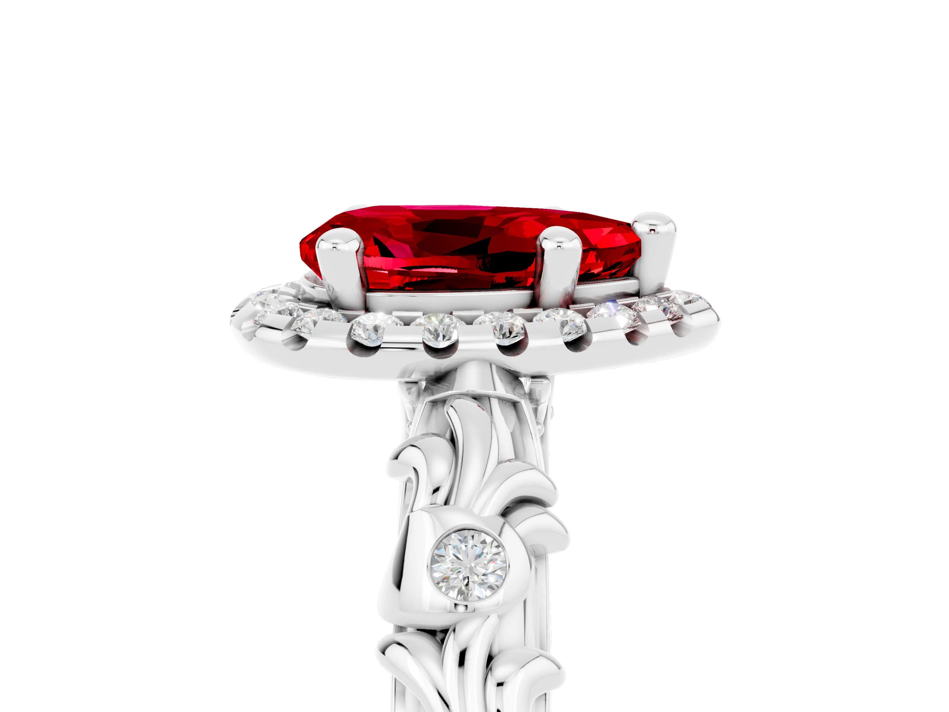 White gold Pear Cut Halo Diamond Solitaire with Filigree Band and Four-Prong Setting_5
