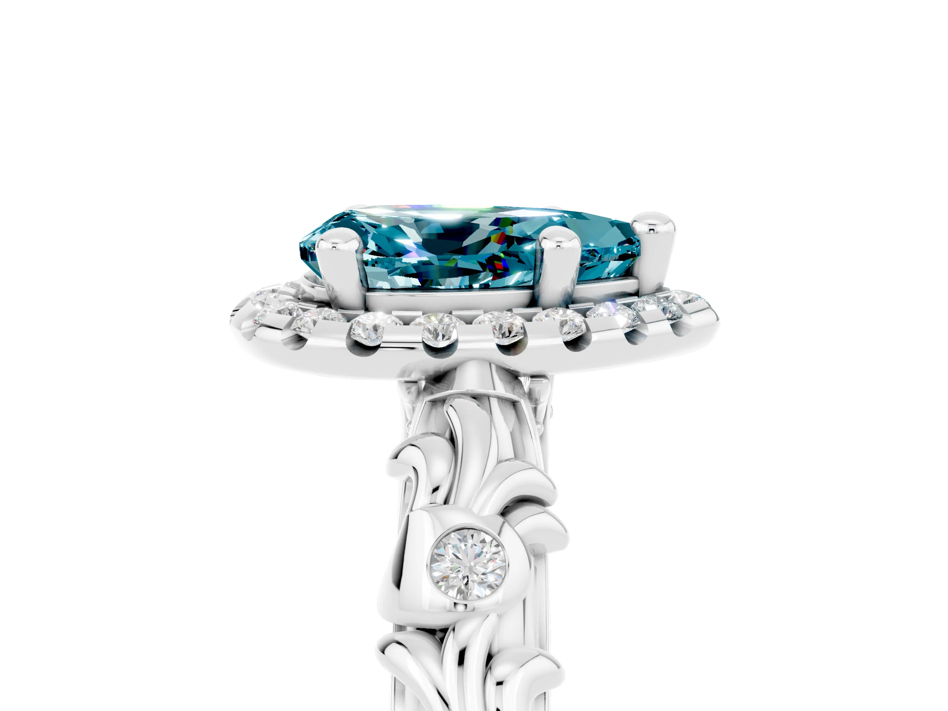 White gold Pear Cut Halo Diamond Solitaire with Filigree Band and Four-Prong Setting_5