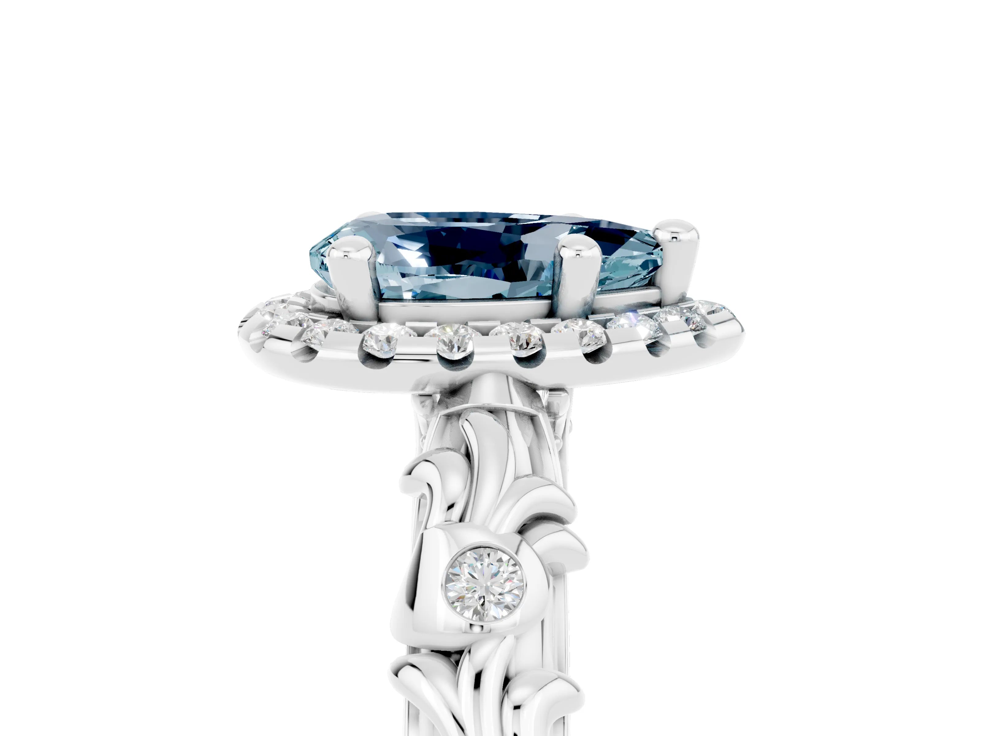 White gold Pear Cut Halo Diamond Solitaire with Filigree Band and Four-Prong Setting_5