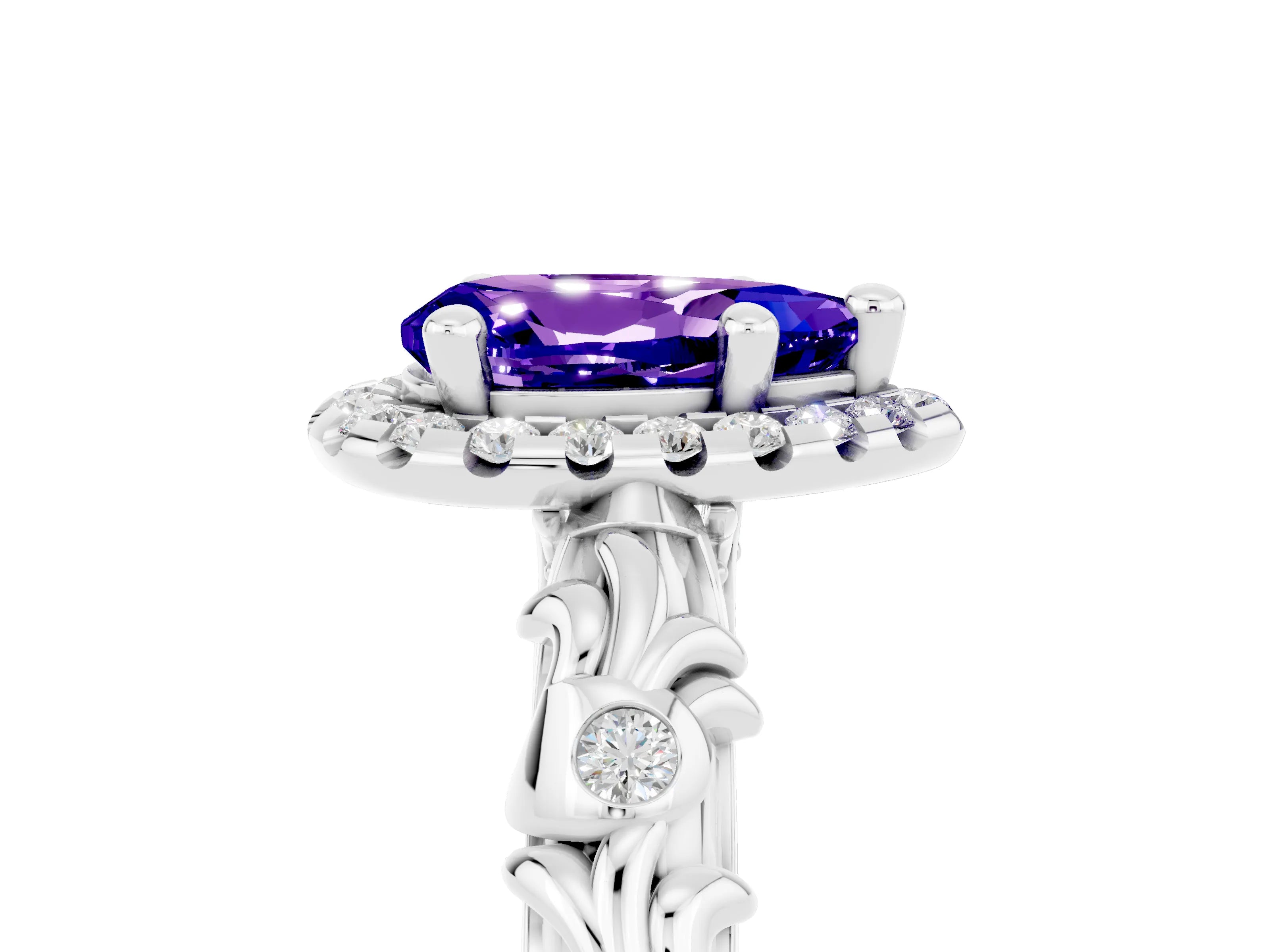 White gold Pear Cut Halo Diamond Solitaire with Filigree Band and Four-Prong Setting_5