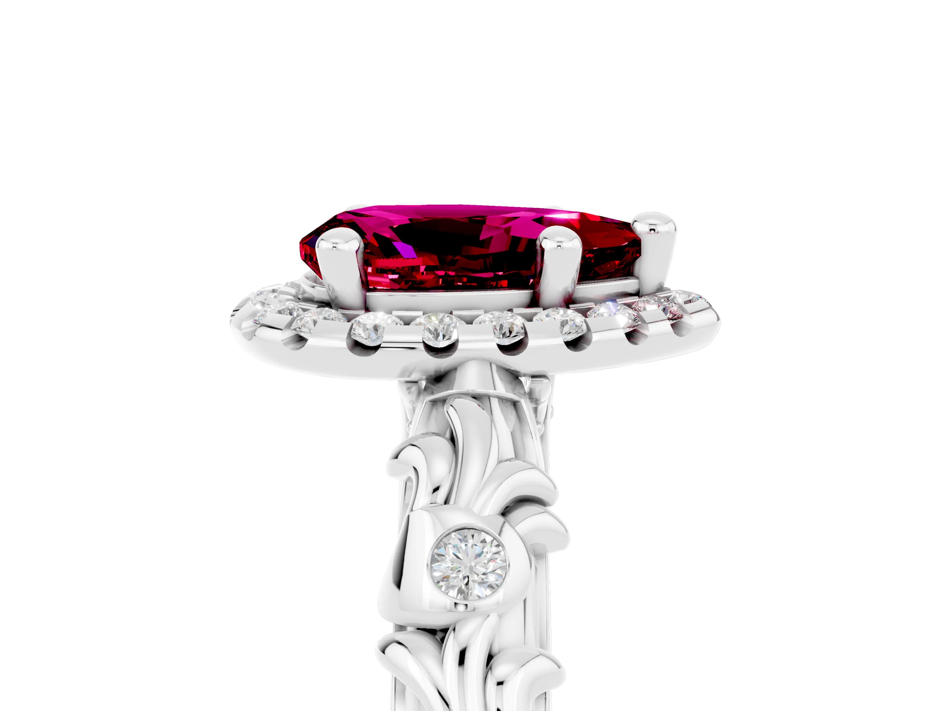 White gold Pear Cut Halo Diamond Solitaire with Filigree Band and Four-Prong Setting_5
