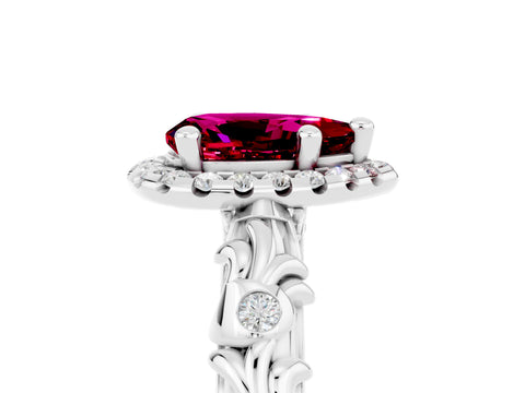 White gold Pear Cut Halo Diamond Solitaire with Filigree Band and Four-Prong Setting_5