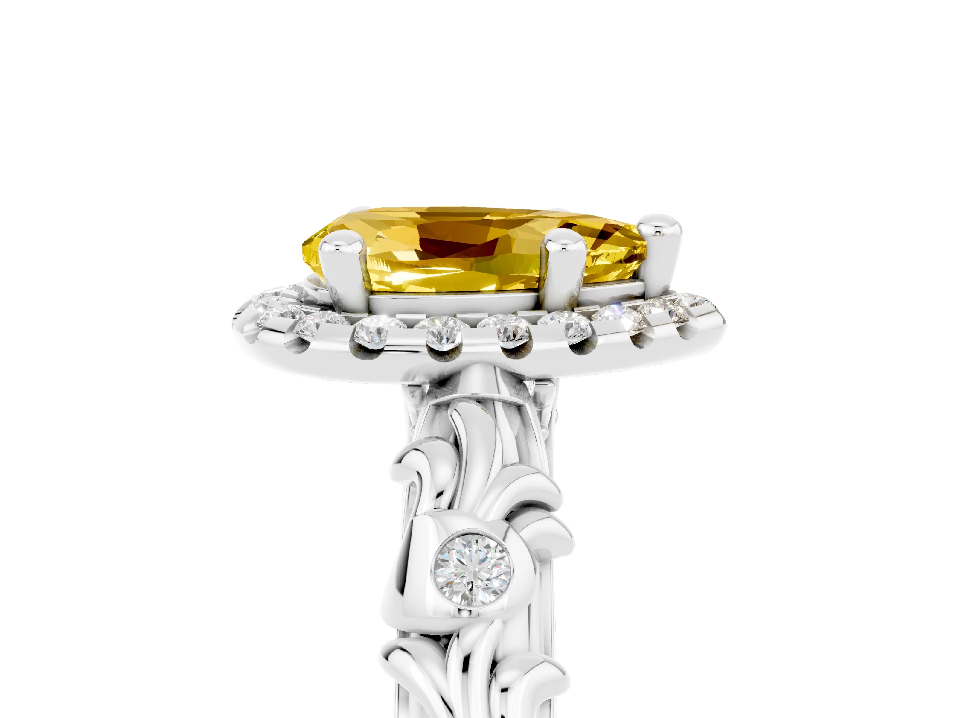 White gold Pear Cut Halo Diamond Solitaire with Filigree Band and Four-Prong Setting_5