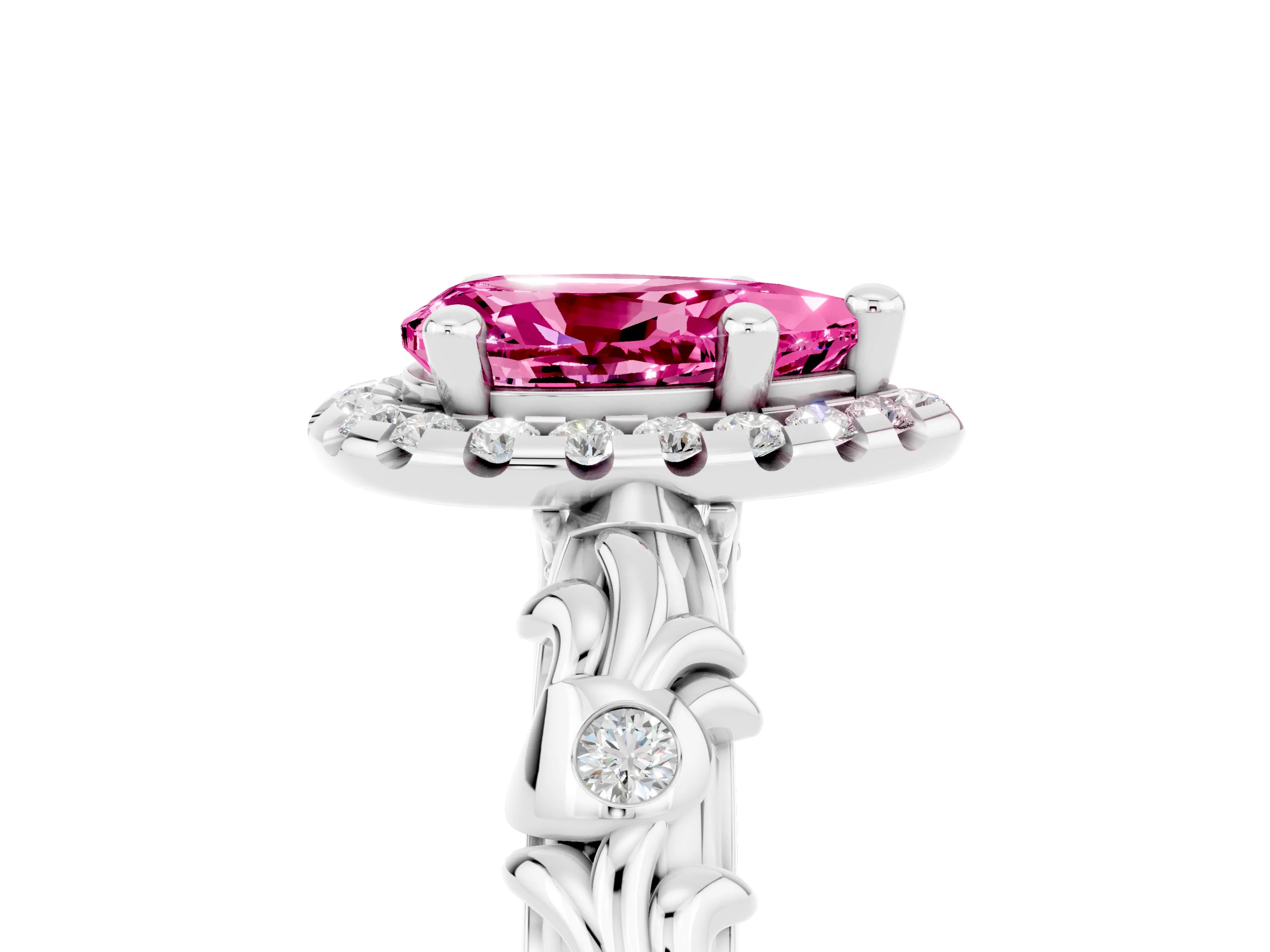 White gold Pear Cut Halo Diamond Solitaire with Filigree Band and Four-Prong Setting_5