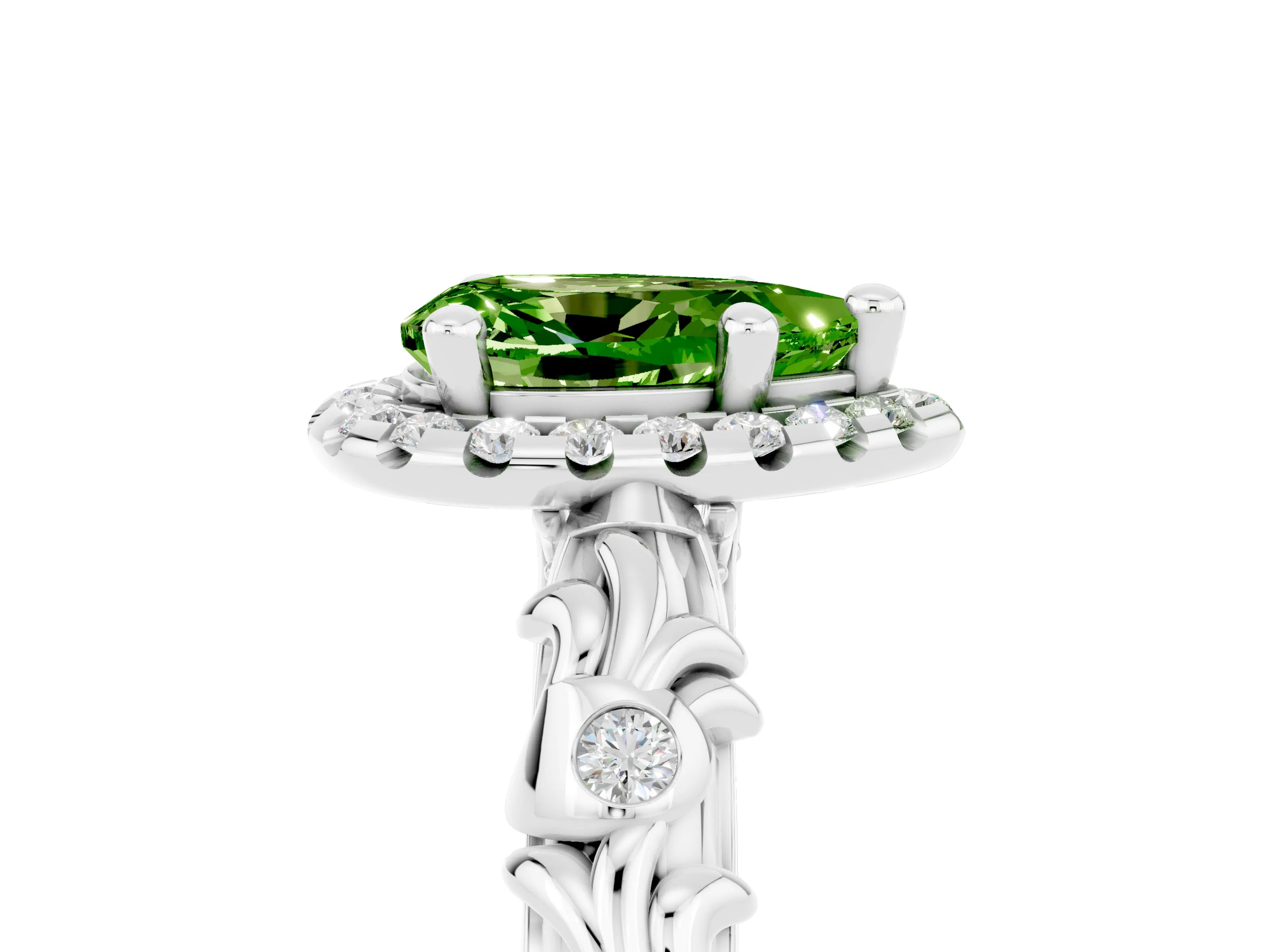 White gold Pear Cut Halo Diamond Solitaire with Filigree Band and Four-Prong Setting_5