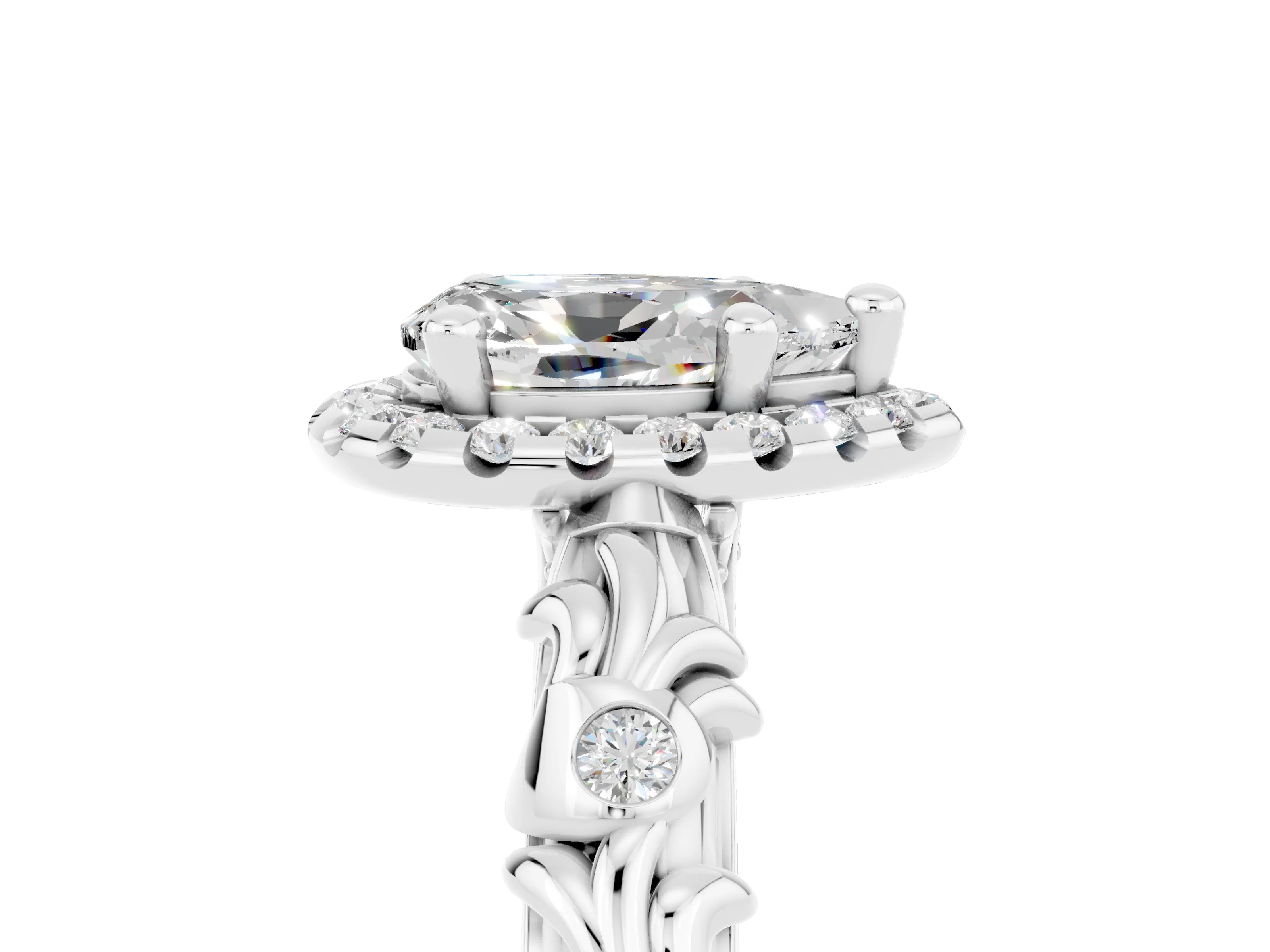White gold Pear Cut Halo Diamond Solitaire with Filigree Band and Four-Prong Setting_5