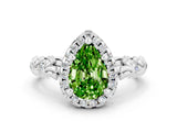 White gold Pear Cut Halo Diamond Solitaire with Filigree Band and Four-Prong Setting