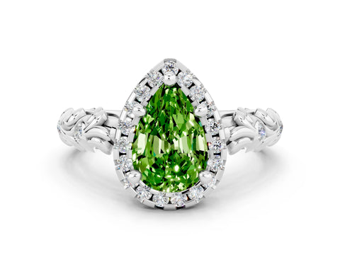 White gold Pear Cut Halo Diamond Solitaire with Filigree Band and Four-Prong Setting
