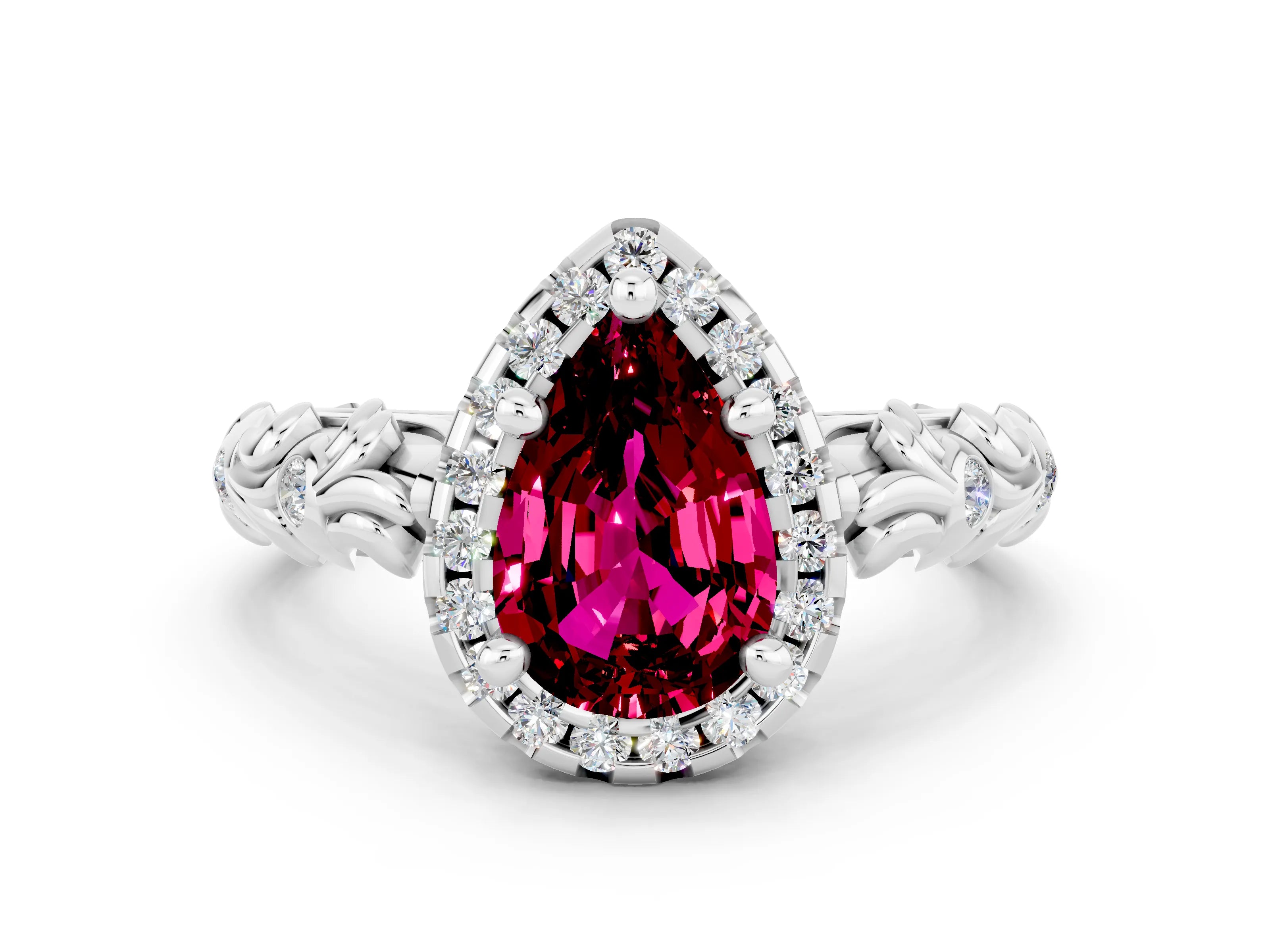White gold Pear Cut Halo Diamond Solitaire with Filigree Band and Four-Prong Setting