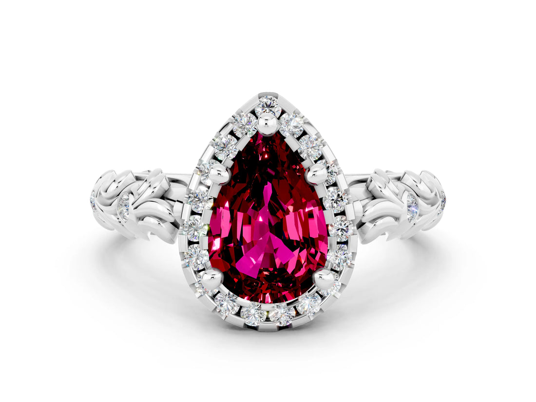 White gold Pear Cut Halo Diamond Solitaire with Filigree Band and Four-Prong Setting