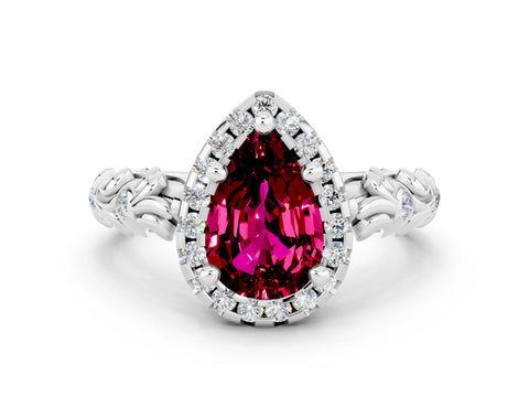 White gold Pear Cut Halo Diamond Solitaire with Filigree Band and Four-Prong Setting