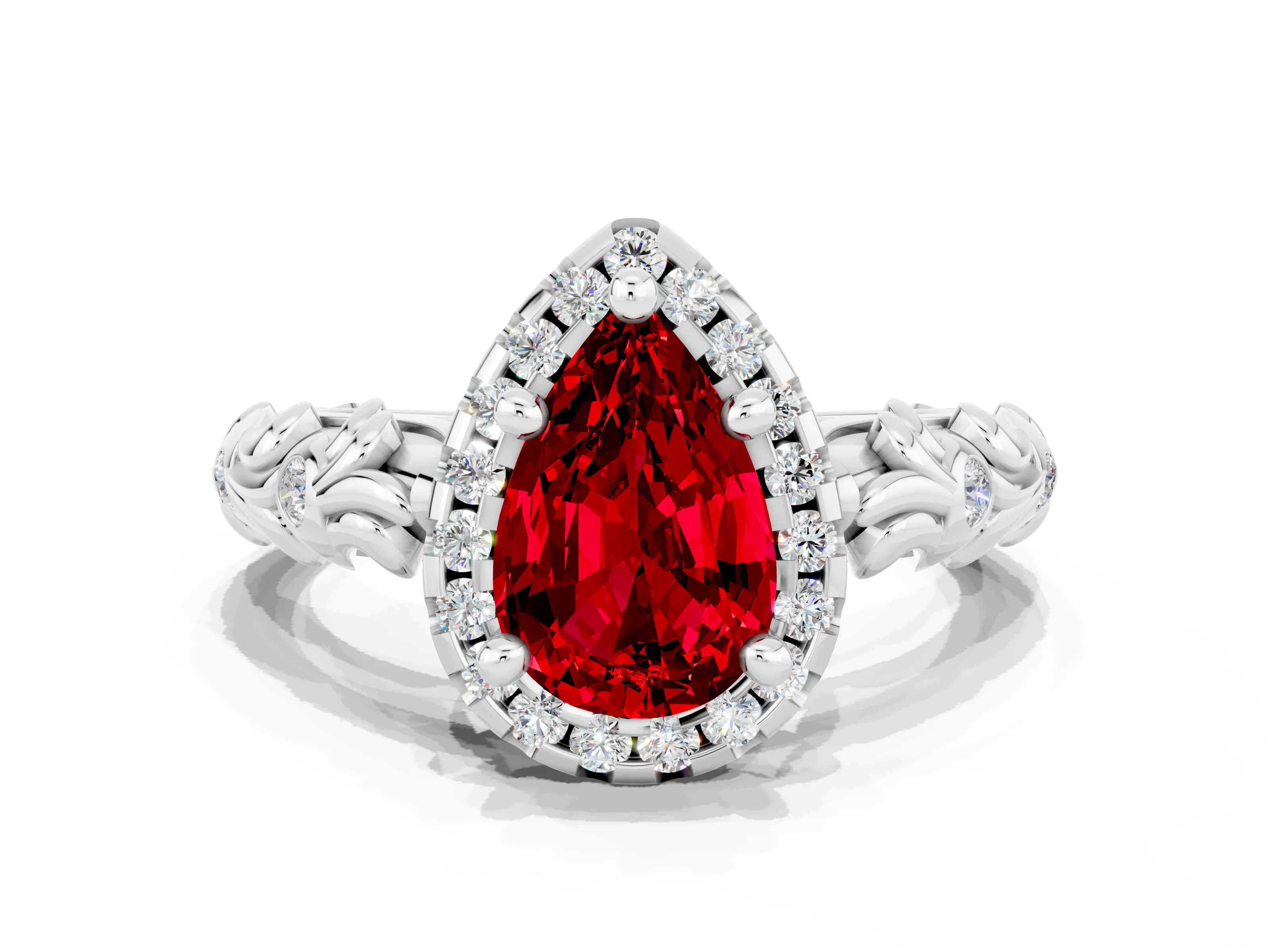 White gold Pear Cut Halo Diamond Solitaire with Filigree Band and Four-Prong Setting