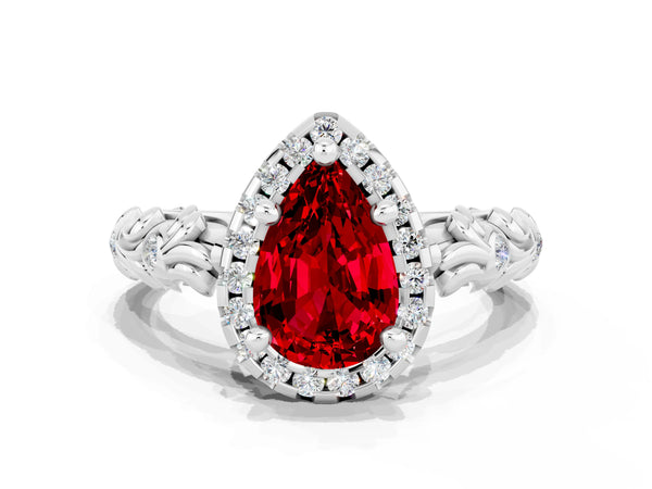 Silver Pear Cut Ruby Halo Ring with Filigree Band and Prong Setting