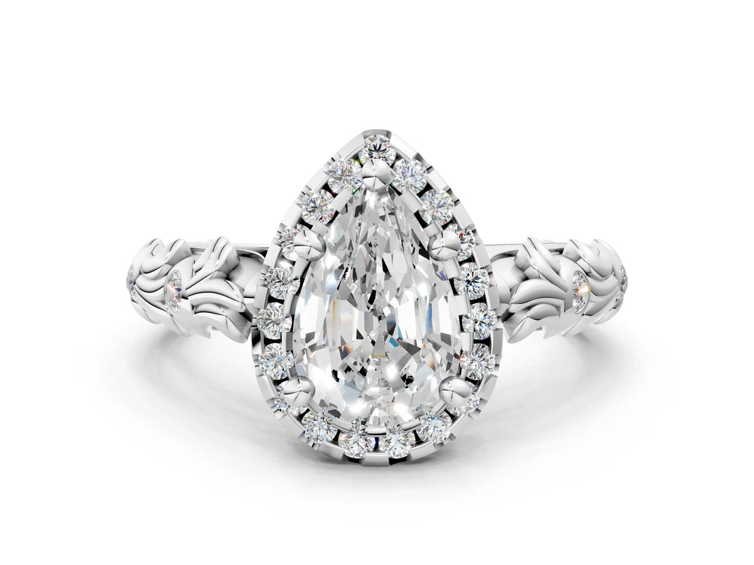 White gold Pear Cut Halo Diamond Solitaire with Filigree Band and Four-Prong Setting_7