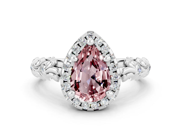 Platinum Pear Cut Halo Diamond Solitaire with Filigree Band and Four-Prong Setting