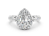 White gold Pear Cut Halo Diamond Solitaire with Filigree Band and Four-Prong Setting