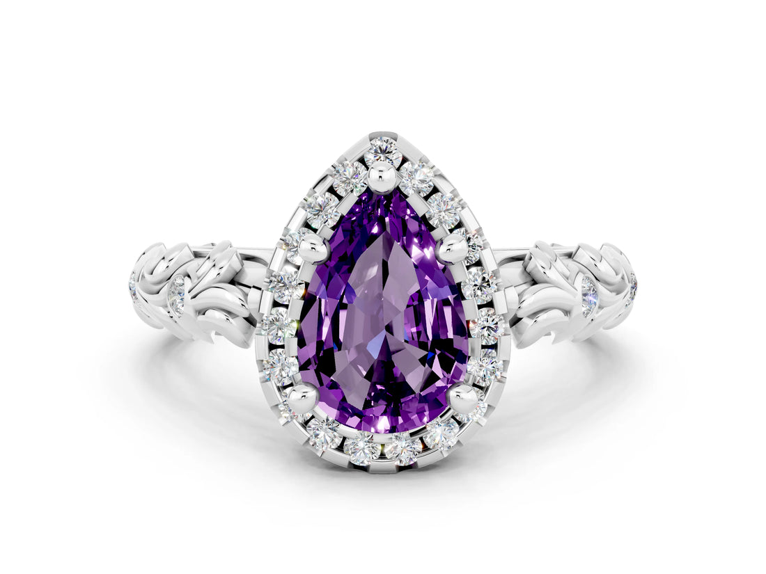 White gold Pear Cut Halo Diamond Solitaire with Filigree Band and Four-Prong Setting