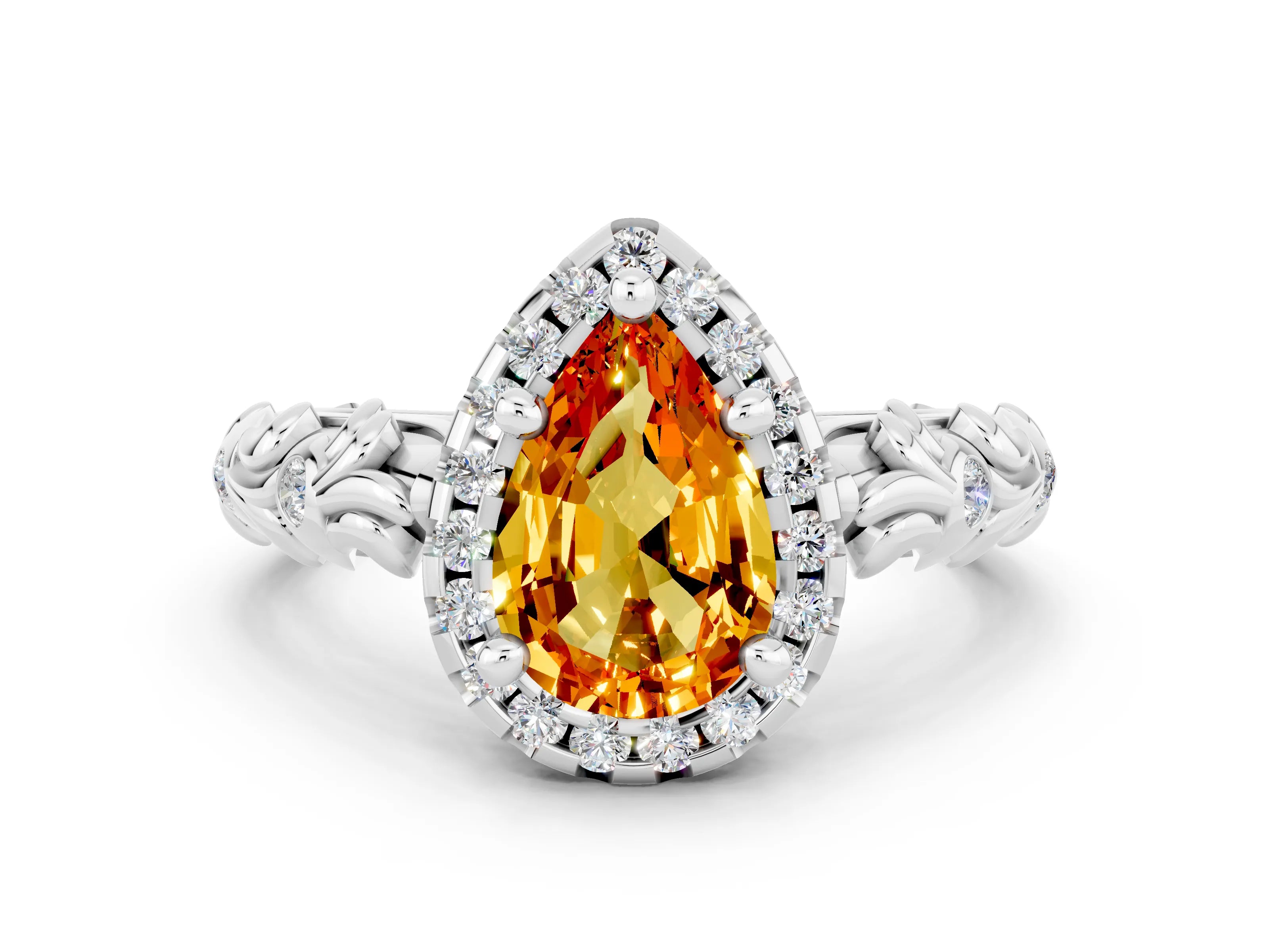 White gold Pear Cut Halo Diamond Solitaire with Filigree Band and Four-Prong Setting
