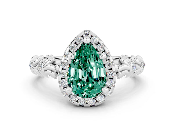 Platinum Pear Cut Green Sapphire Halo Ring with Filigree Band and Prong Setting