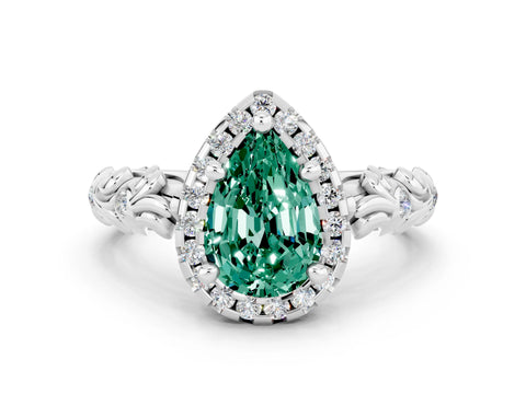 White gold Pear Cut Halo Diamond Solitaire with Filigree Band and Four-Prong Setting