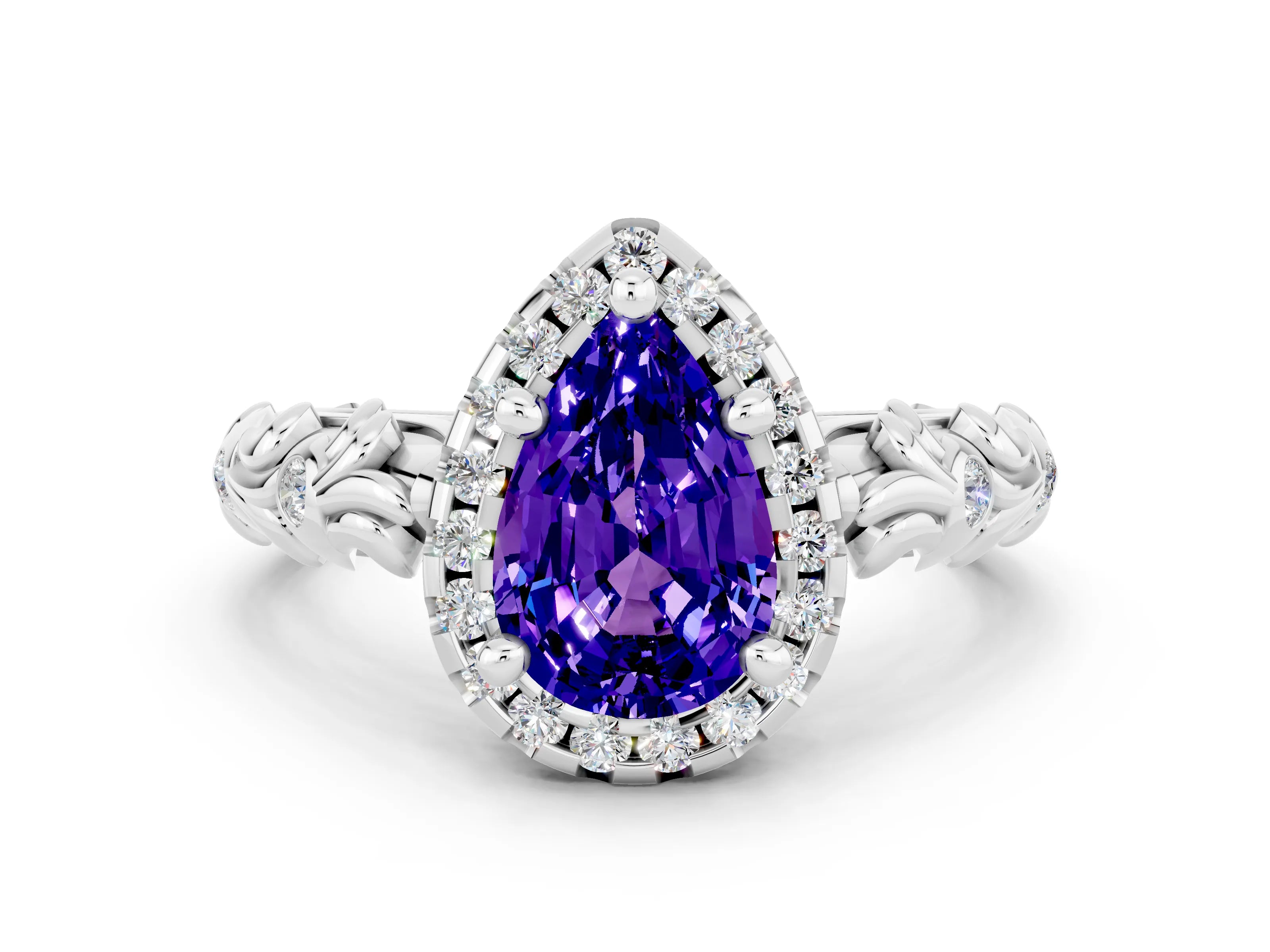 White gold Pear Cut Halo Diamond Solitaire with Filigree Band and Four-Prong Setting