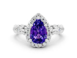 White gold Pear Cut Halo Diamond Solitaire with Filigree Band and Four-Prong Setting