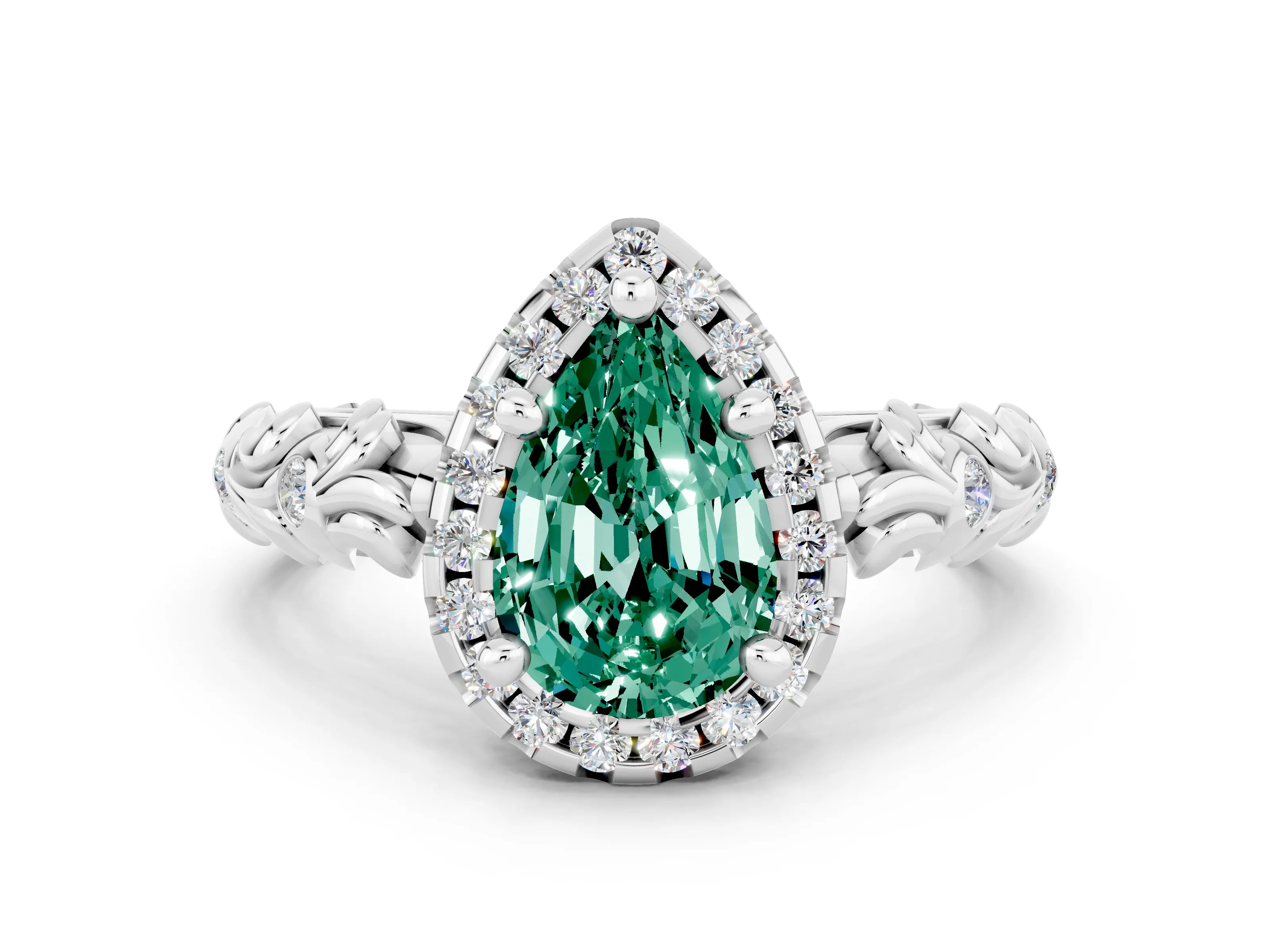 White gold Pear Cut Halo Diamond Solitaire with Filigree Band and Four-Prong Setting