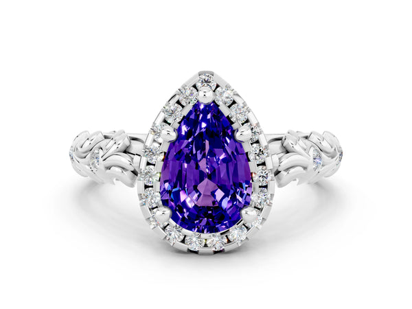 Platinum Pear Cut Tanzanite Halo Ring with Filigree Band and Prong Setting