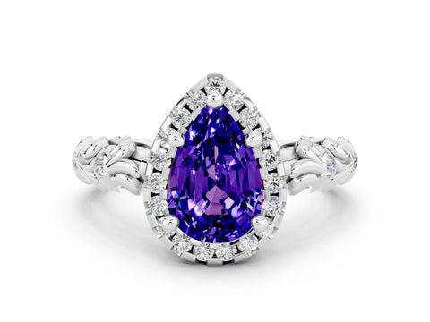 White gold Pear Cut Halo Diamond Solitaire with Filigree Band and Four-Prong Setting