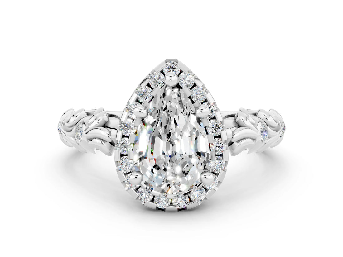 White gold Pear Cut Halo Diamond Solitaire with Filigree Band and Four-Prong Setting
