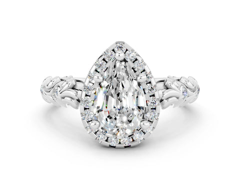 White gold Pear Cut Halo Diamond Solitaire with Filigree Band and Four-Prong Setting