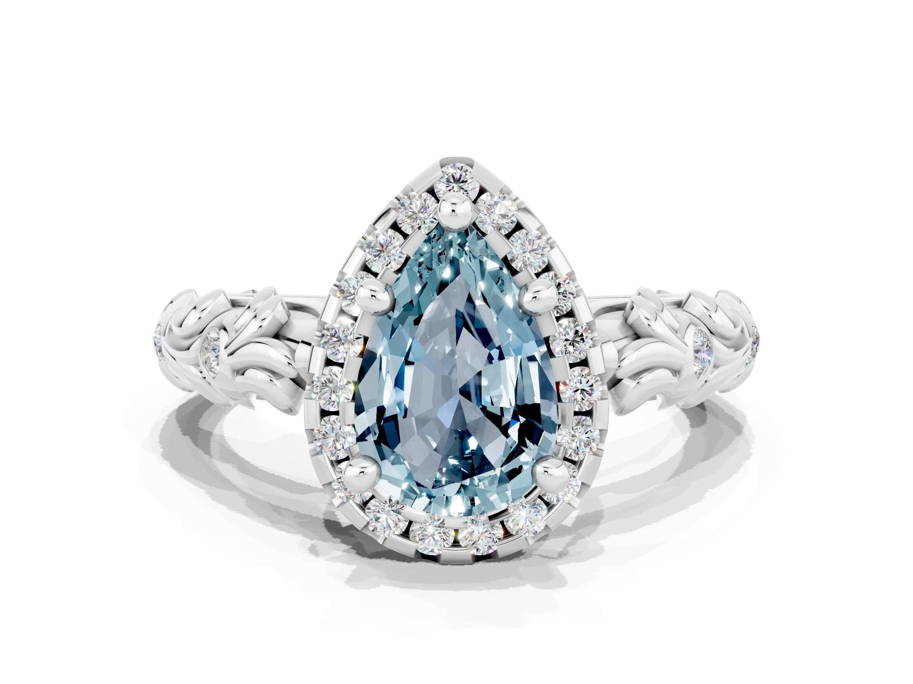 White gold Pear Cut Halo Diamond Solitaire with Filigree Band and Four-Prong Setting
