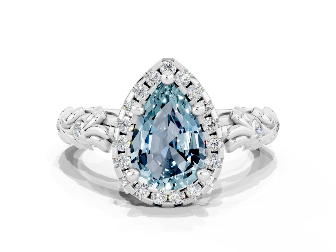 White gold Pear Cut Halo Diamond Solitaire with Filigree Band and Four-Prong Setting