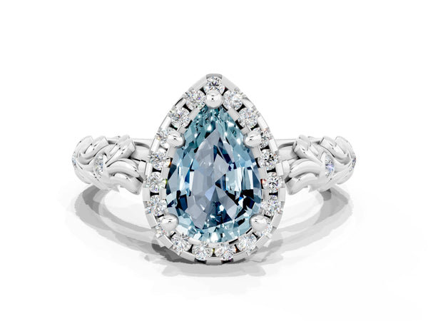 Silver Pear Cut Aquamarine Halo Ring with Filigree Band and Prong Setting
