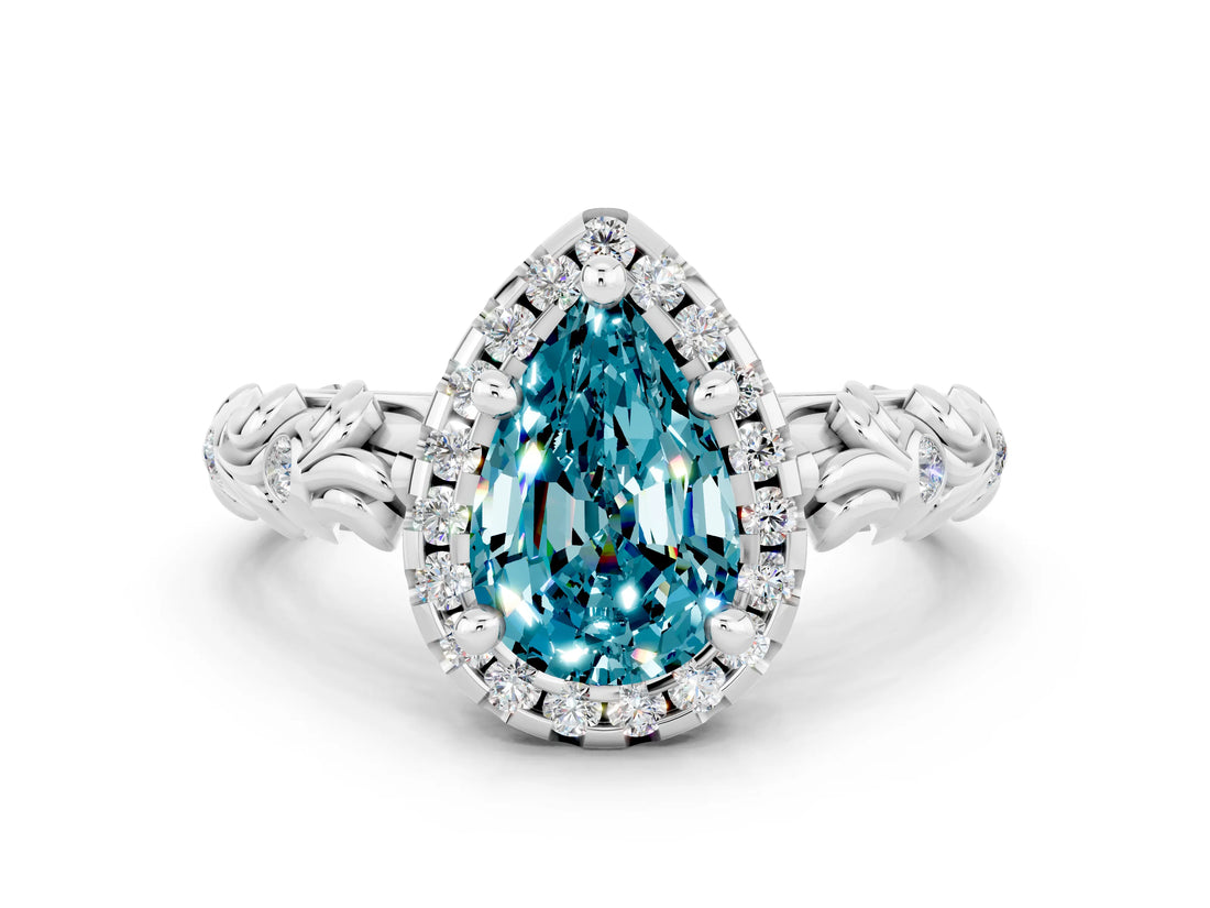 White gold Pear Cut Halo Diamond Solitaire with Filigree Band and Four-Prong Setting