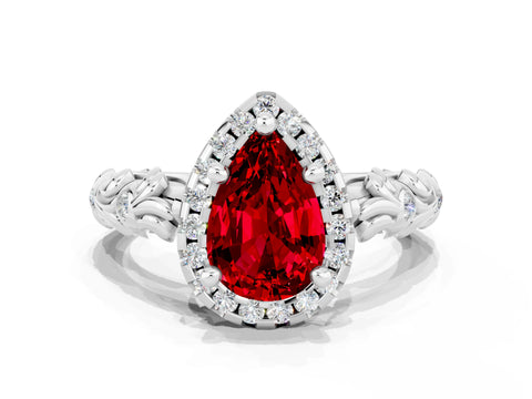 White gold Pear Cut Halo Diamond Solitaire with Filigree Band and Four-Prong Setting