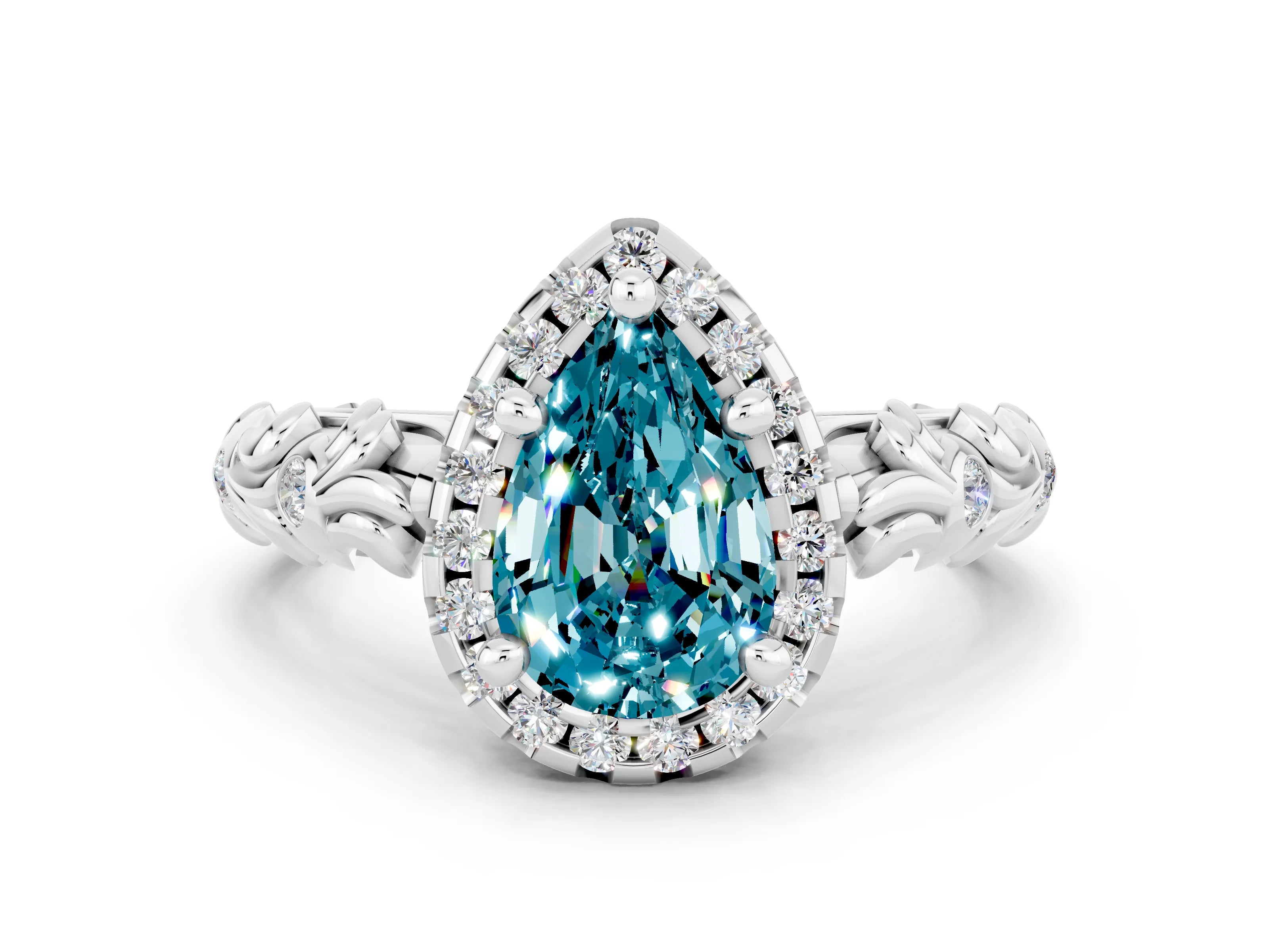 White gold Pear Cut Halo Diamond Solitaire with Filigree Band and Four-Prong Setting